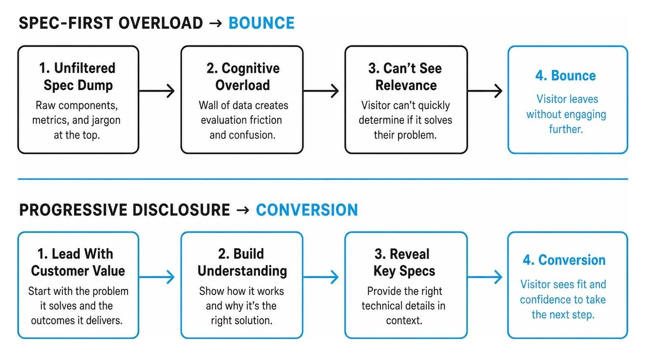 Diagram showing cognitive overload causing bounce vs progressive disclosure driving conversion