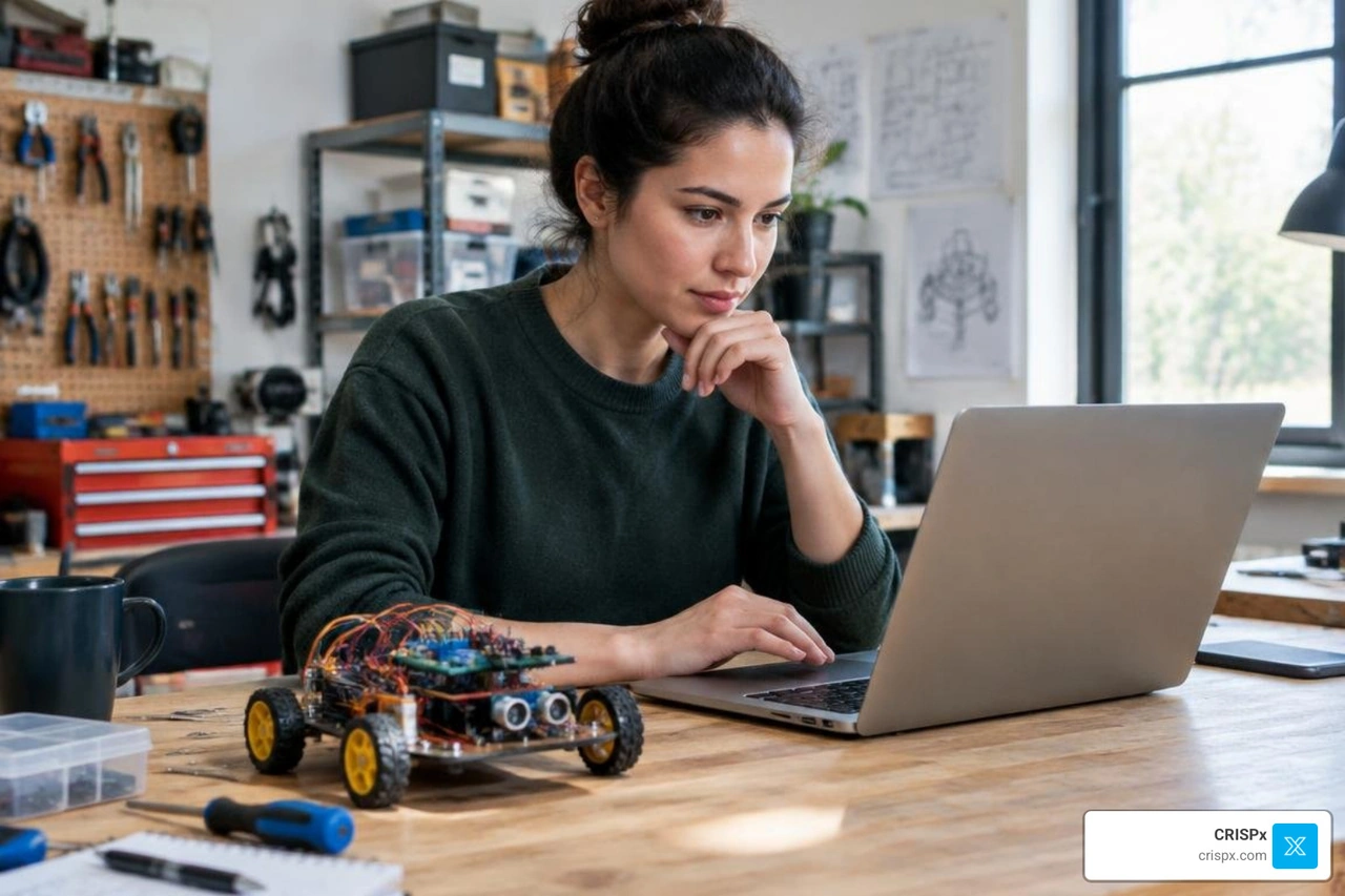 engineer founder working at a laptop beside a hardware prototype