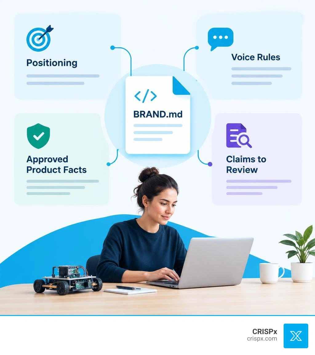 BRAND.md file contents: positioning, voice rules, approved product facts, and claims to review infographic BRAND.md file contents: positioning, voice rules, approved product facts, and claims to review infographic