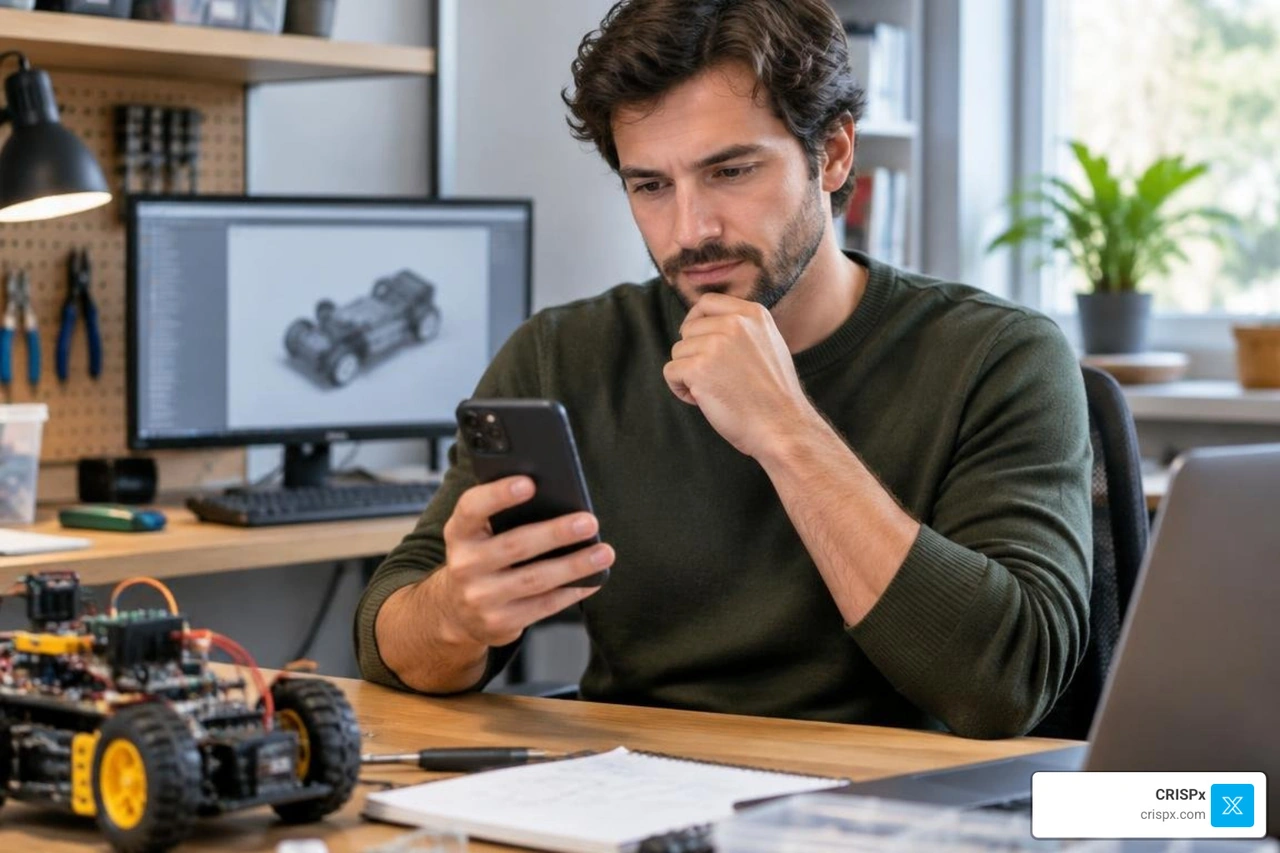 engineer checking product comments on a smartphone