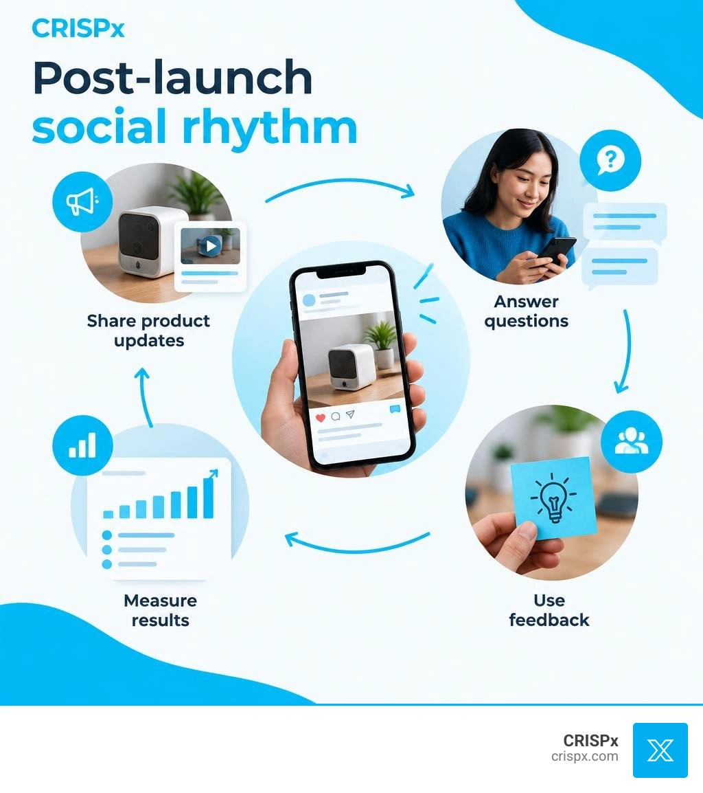 Post-launch social rhythm: share product updates, answer questions, use feedback, and measure results infographic Post-launch social rhythm: share product updates, answer questions, use feedback, and measure results infographic