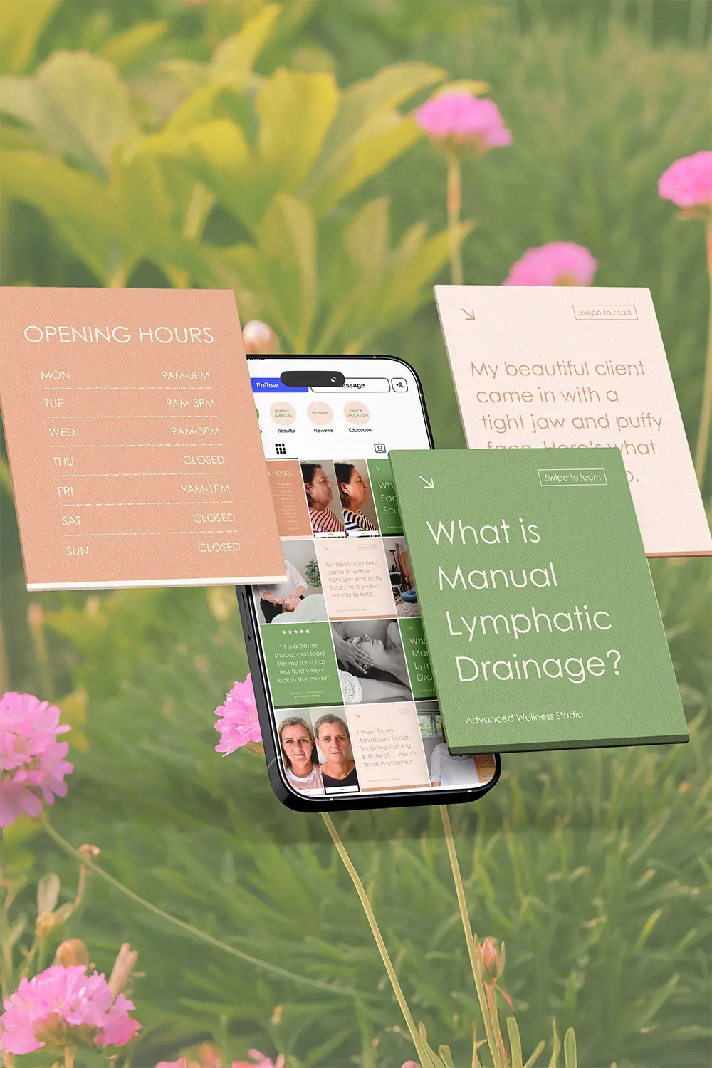 Advanced Wellness Studio massage and face sculpting business social media designs displayed on a phone.