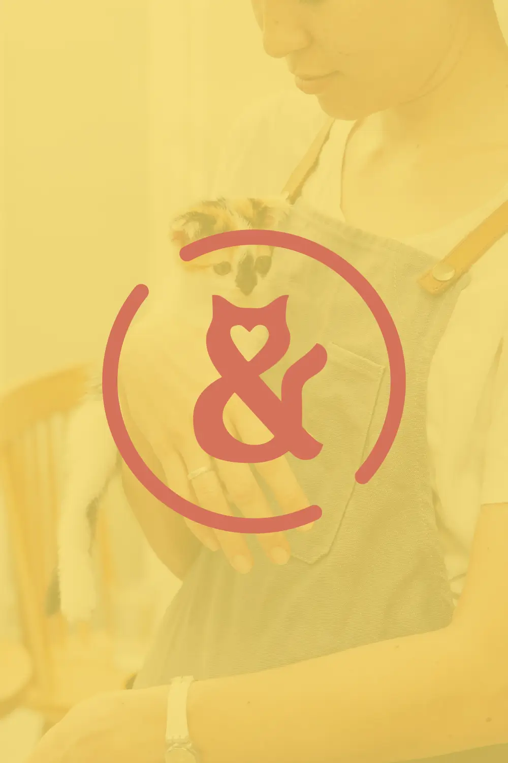 Sip & Purr cat cafe brand design case study. Sip & Purr brand mark logo overlaying an image of a barista holding a kitten.