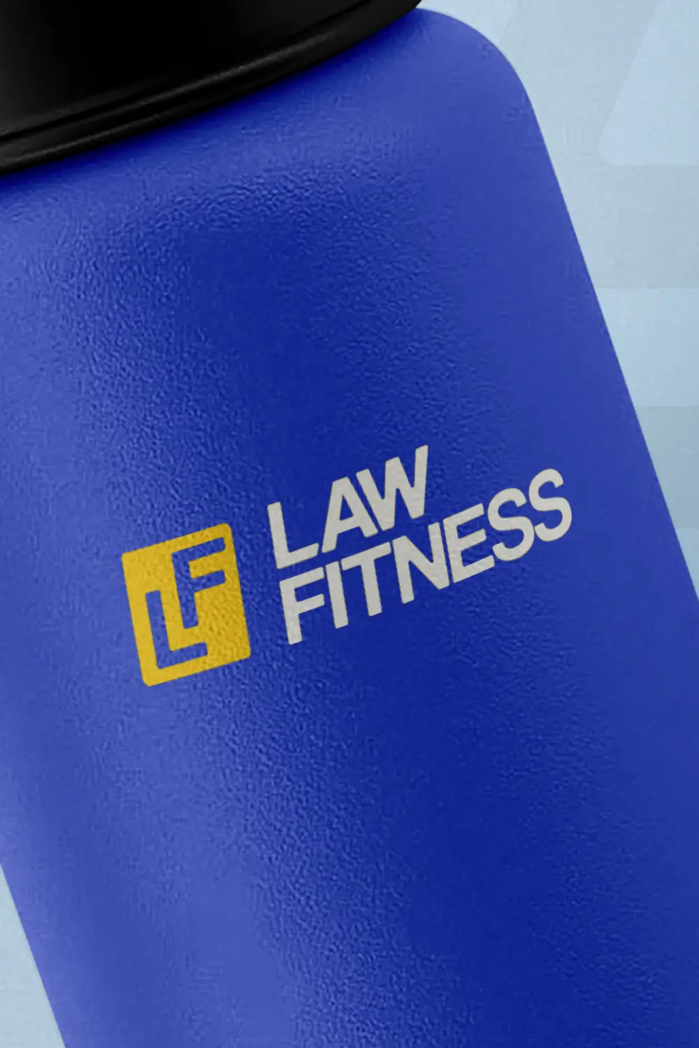 LAW Fitness brand design case study. Law Fitness logo on a blue water bottle up close
