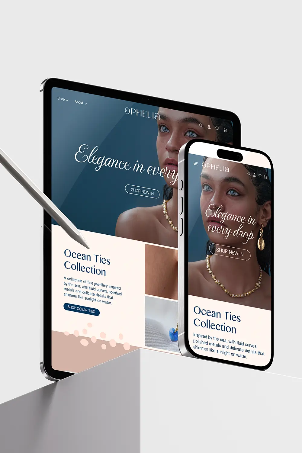 Ophelia website displayed on an ipad and iphone on a plinth.