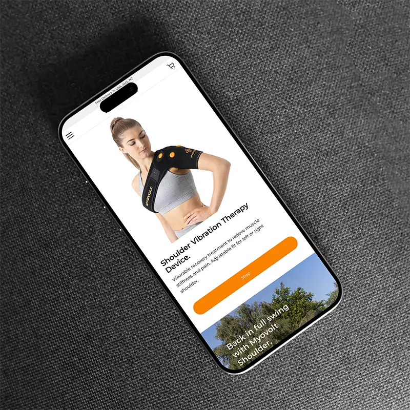 Myovolt e-commerce conversion page for Myovolt Shoulder displayed on a phone.