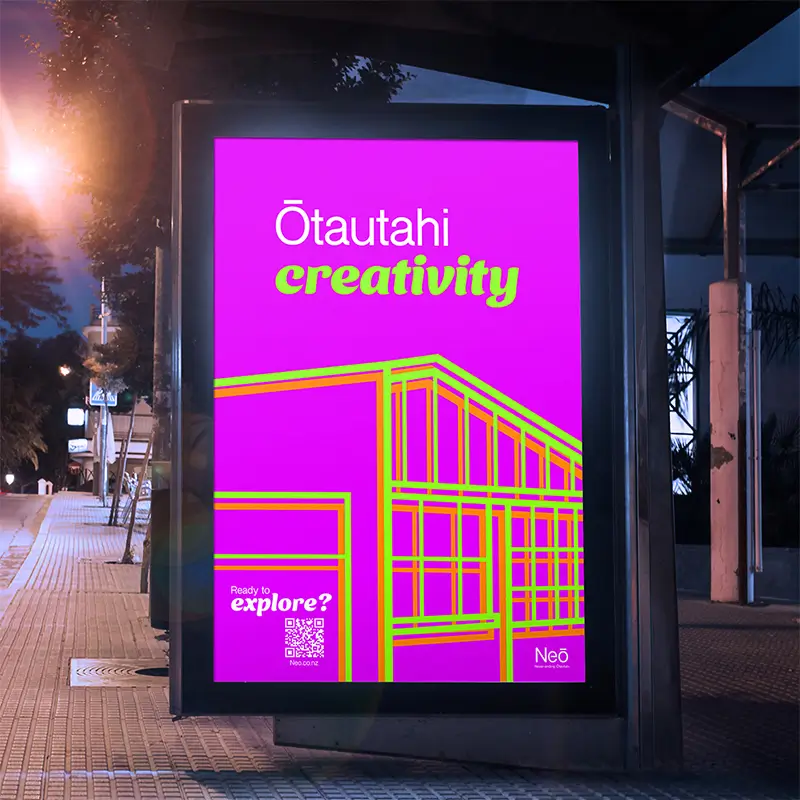 Bright bus stop advert for Neo, featuring bold colours and modern graphic design by Goulden Design as part of ongoing graphic design support services.