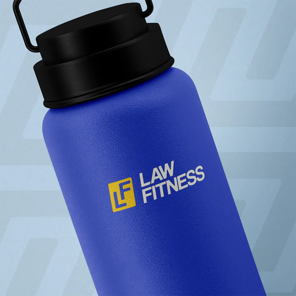 LAW Fitness brand design case study. Law Fitness logo on a blue water bottle up close
