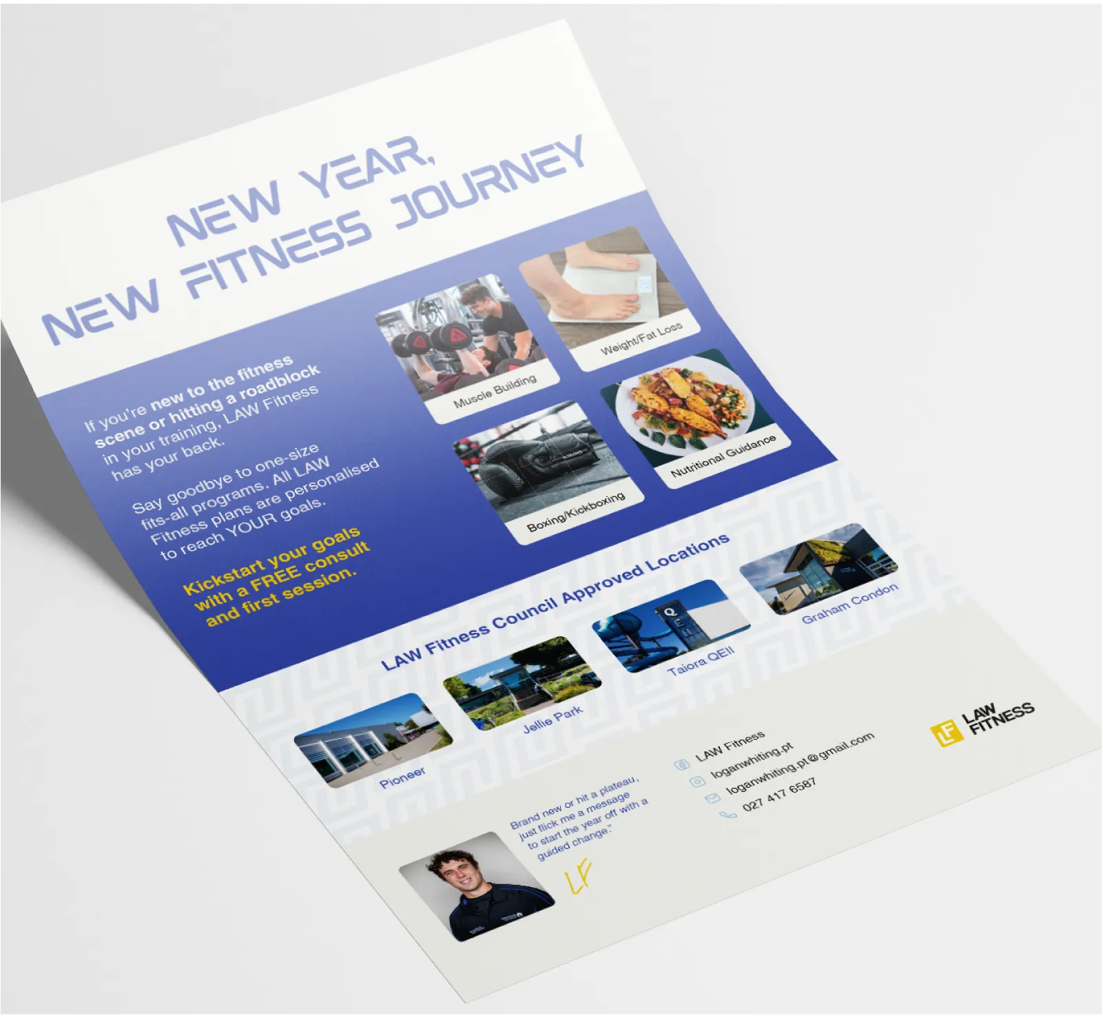 Fitness flyer titled New Year, New Fitness Journey with images and text about muscle building, weight loss, boxing/kickboxing, nutritional guidance, and LAW Fitness Council approved locations.