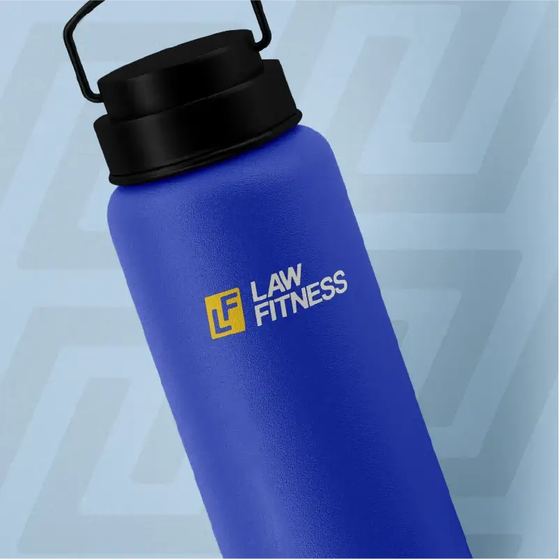 Blue water bottle with a black lid featuring a yellow and white LAW FITNESS logo.