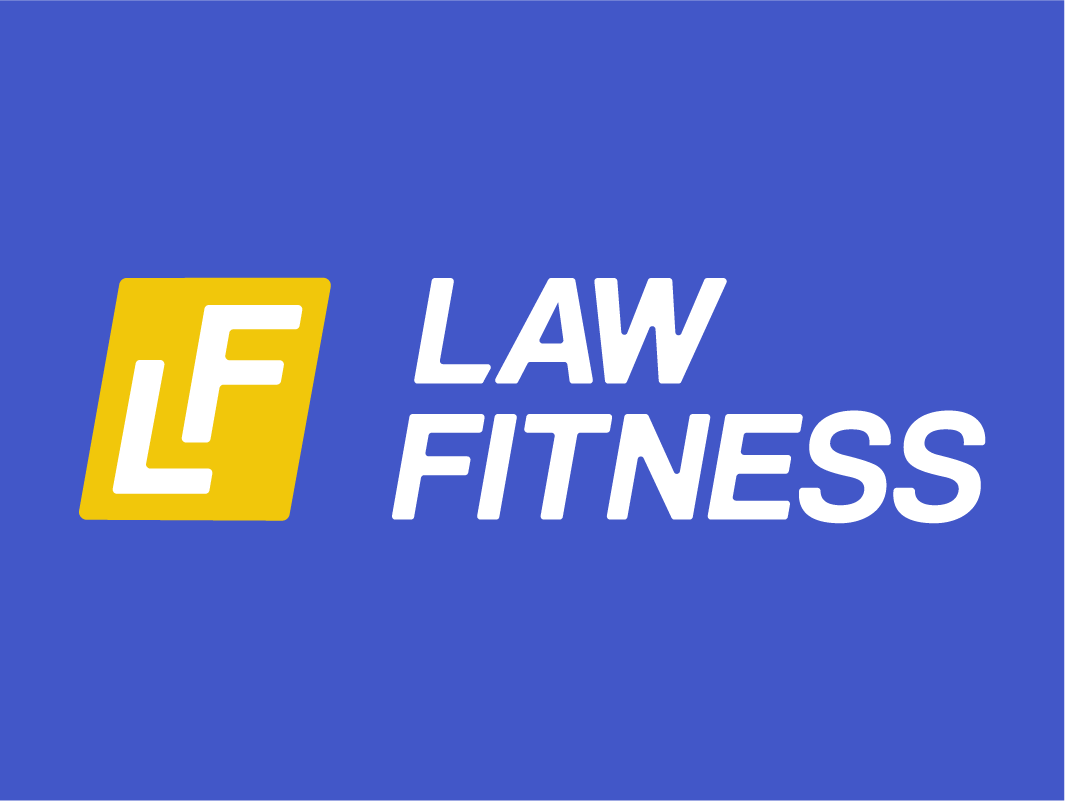 Logo design of white letters LF inside a yellow square next to the words LAW FITNESS in white on a blue background.