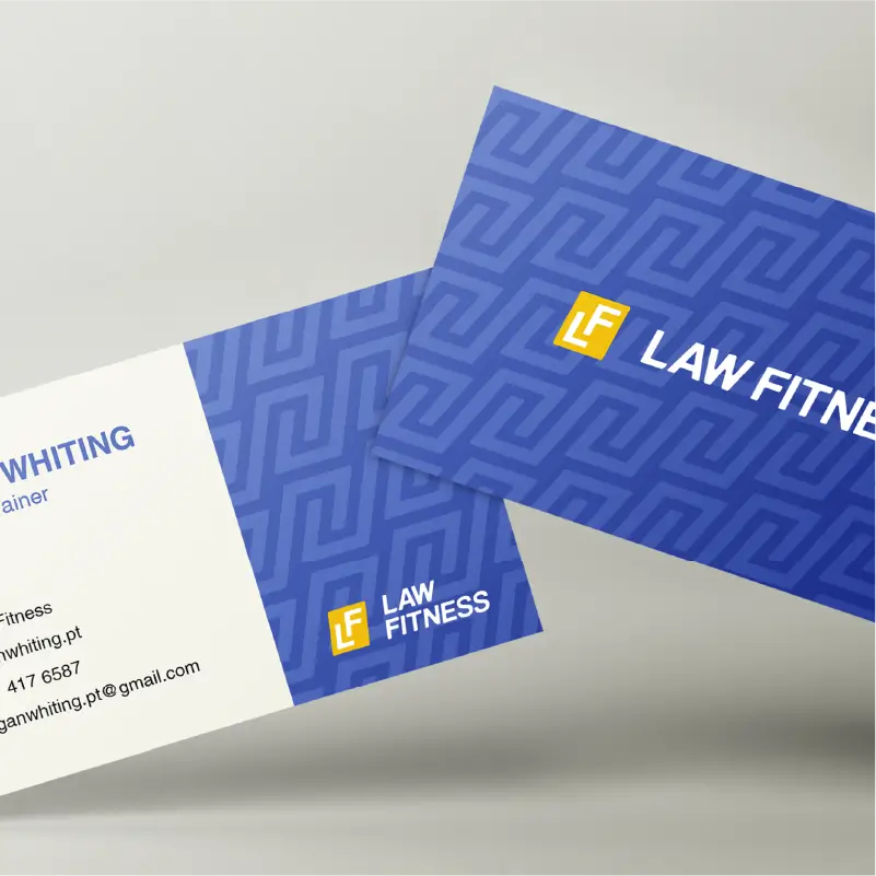 Personal trainer business cards with a subtle blue brand geometric pattern, LAW Fitness logo and the personal trainer's details.