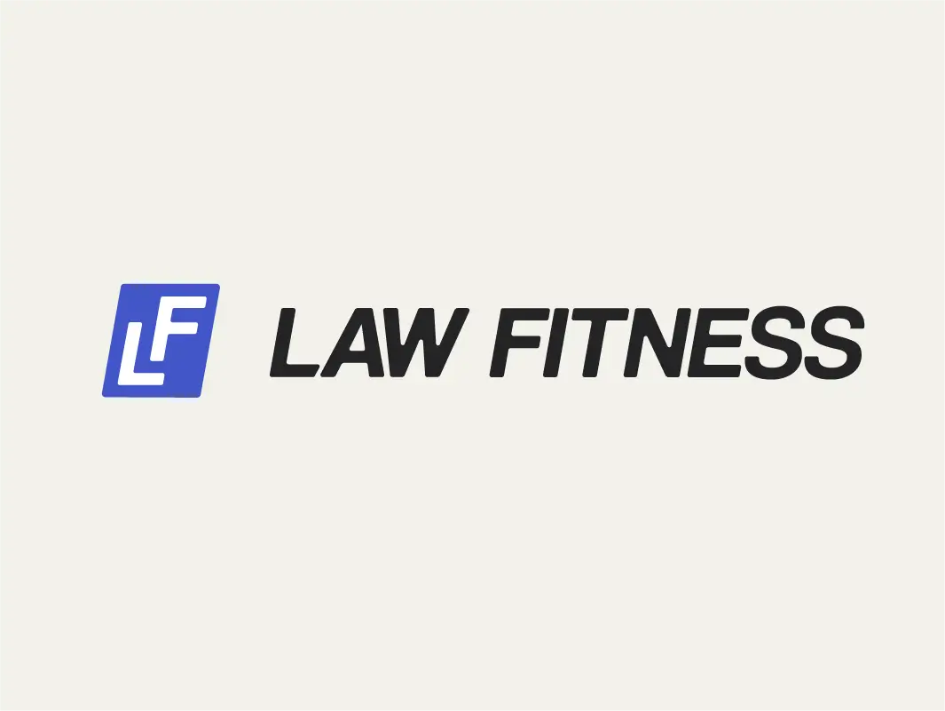 LAW FITNESS secondary logo design with stylized blue square containing white L and F letters next to bold black text.