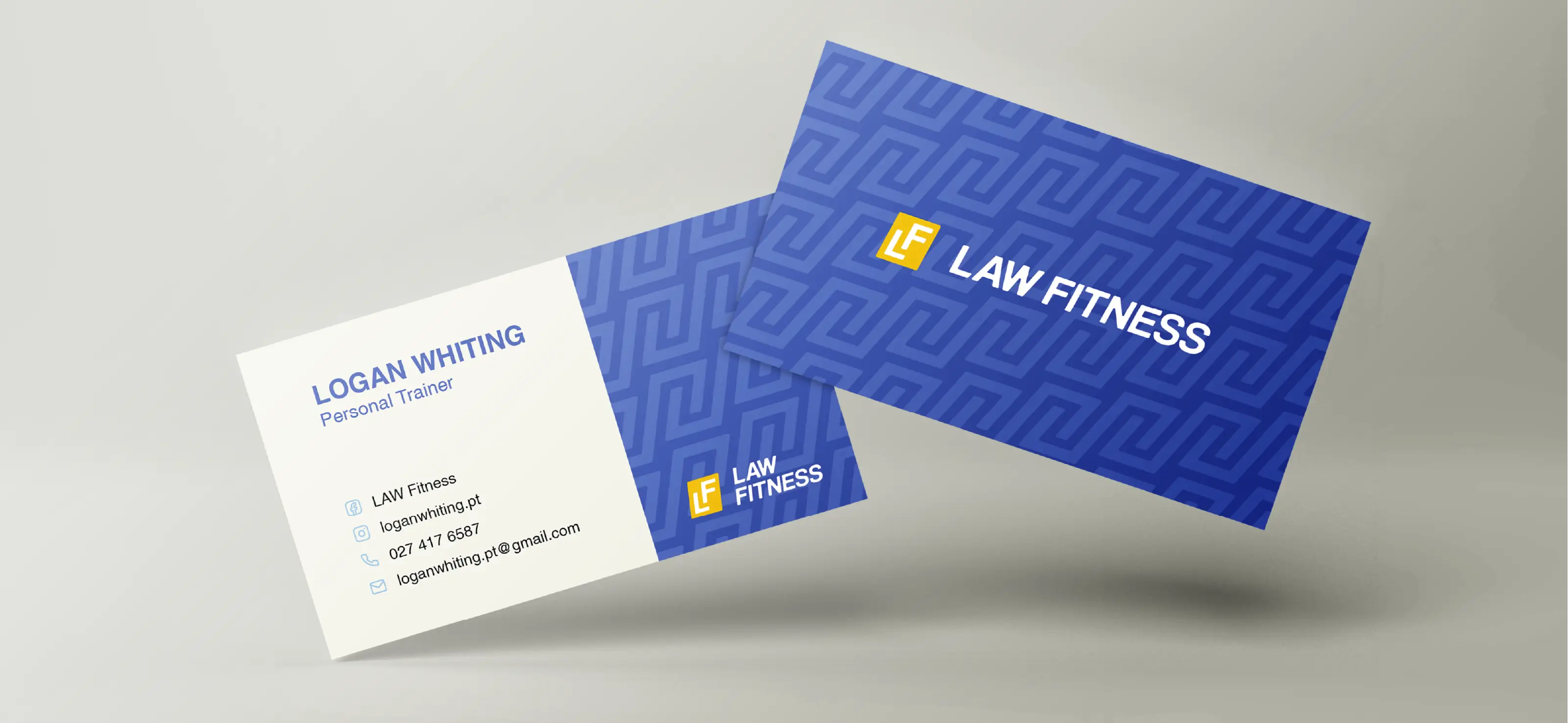 Blue business card for LAW Fitness with yellow logo design, displaying personal trainer Logan Whiting's contact details.