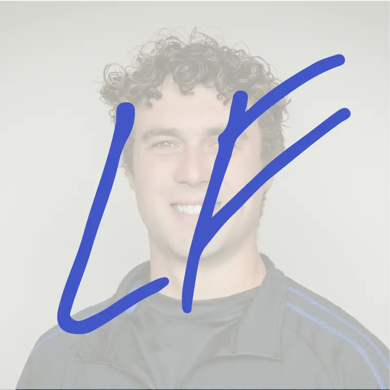 Law Fitness blue handwritten signature as a brand asset, overlaying an image of Logan Whiting, LAW Fitness' founder and personal trainer.