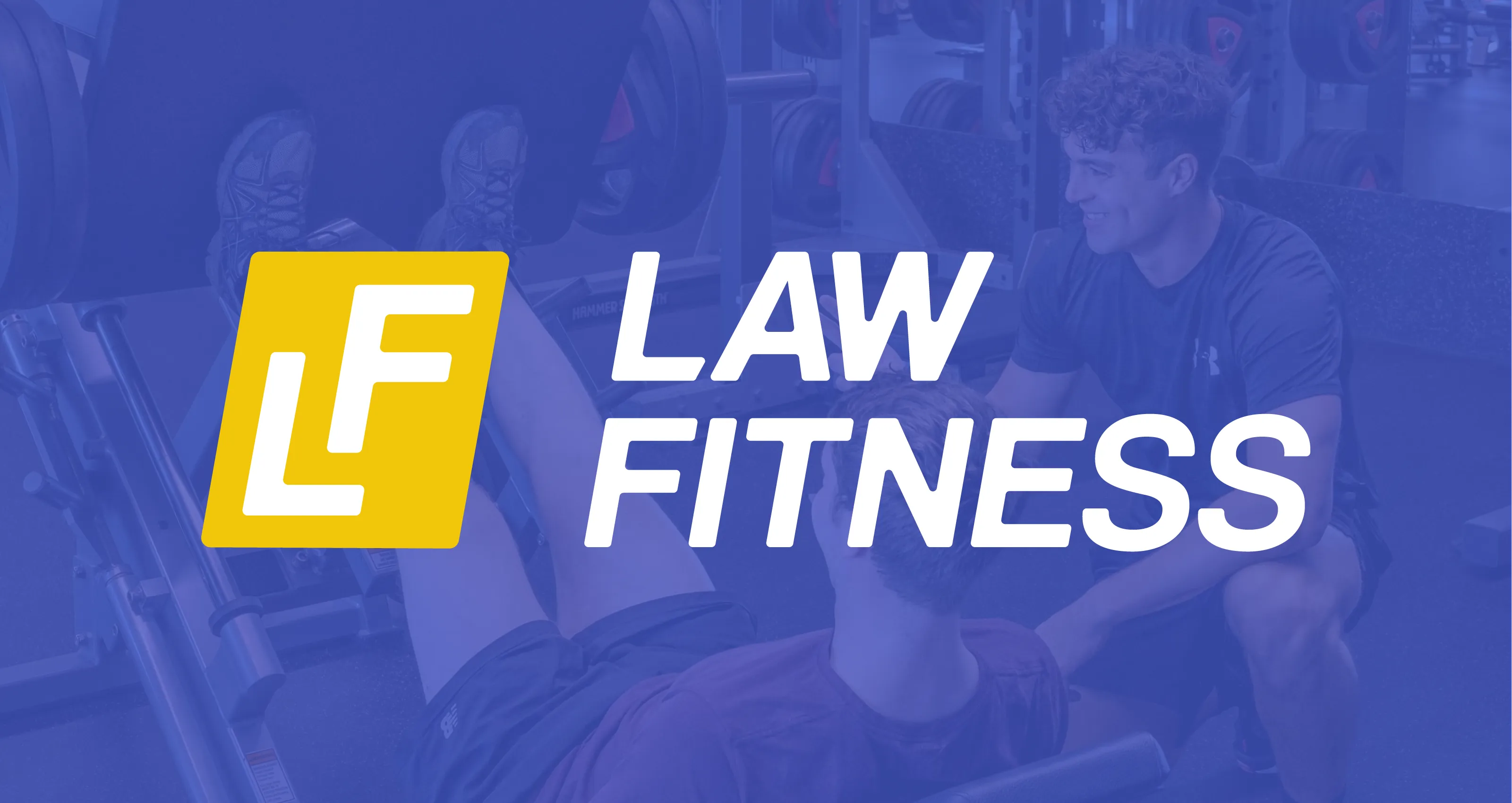 Law Fitness logo with stylized LF letters in a yellow square next to text 'LAW FITNESS' over a gym background with a trainer assisting a person on a leg press machine.