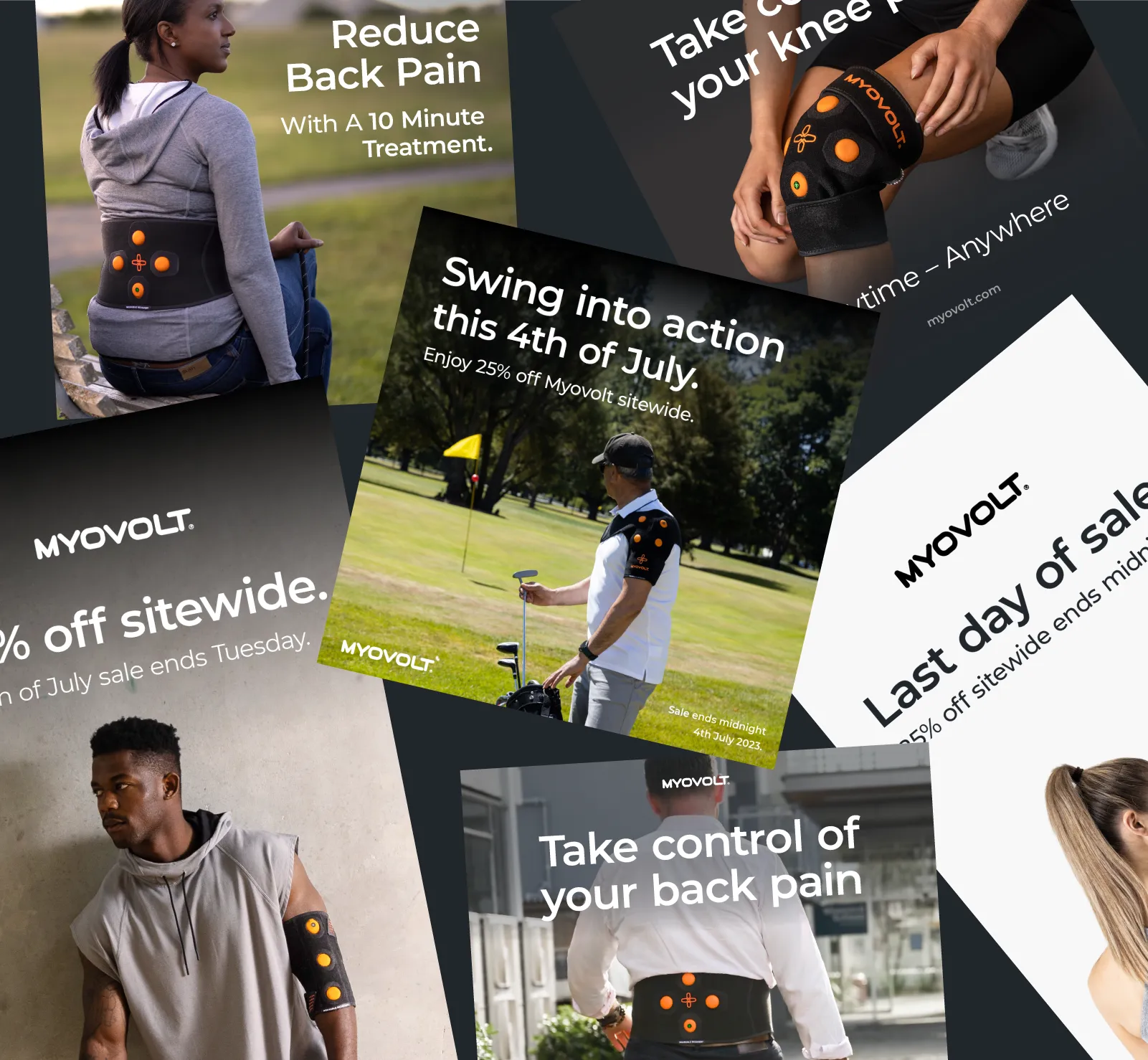 Collage of promotional ad designs featuring people wearing Myovolt pain relief devices on back, knee, and arm with text about a 25% off July 4th sale.