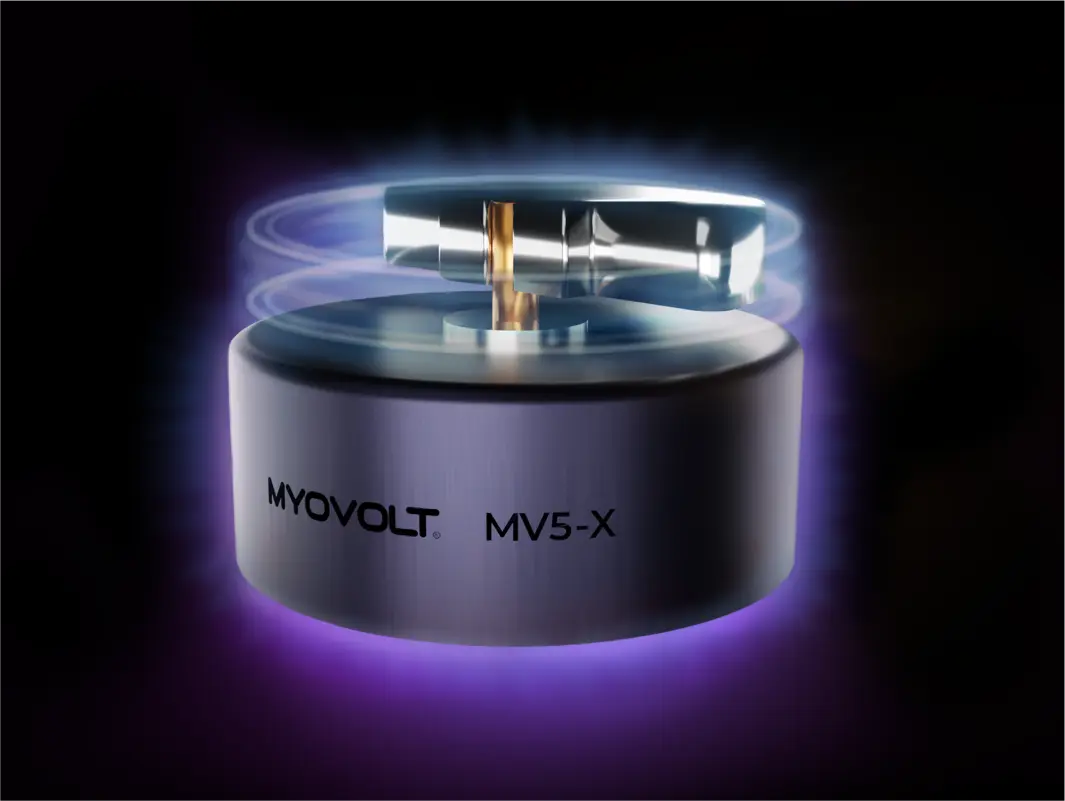 Render of a working Myovolt MV5-X motor with a glowing purple light surrounding the base.