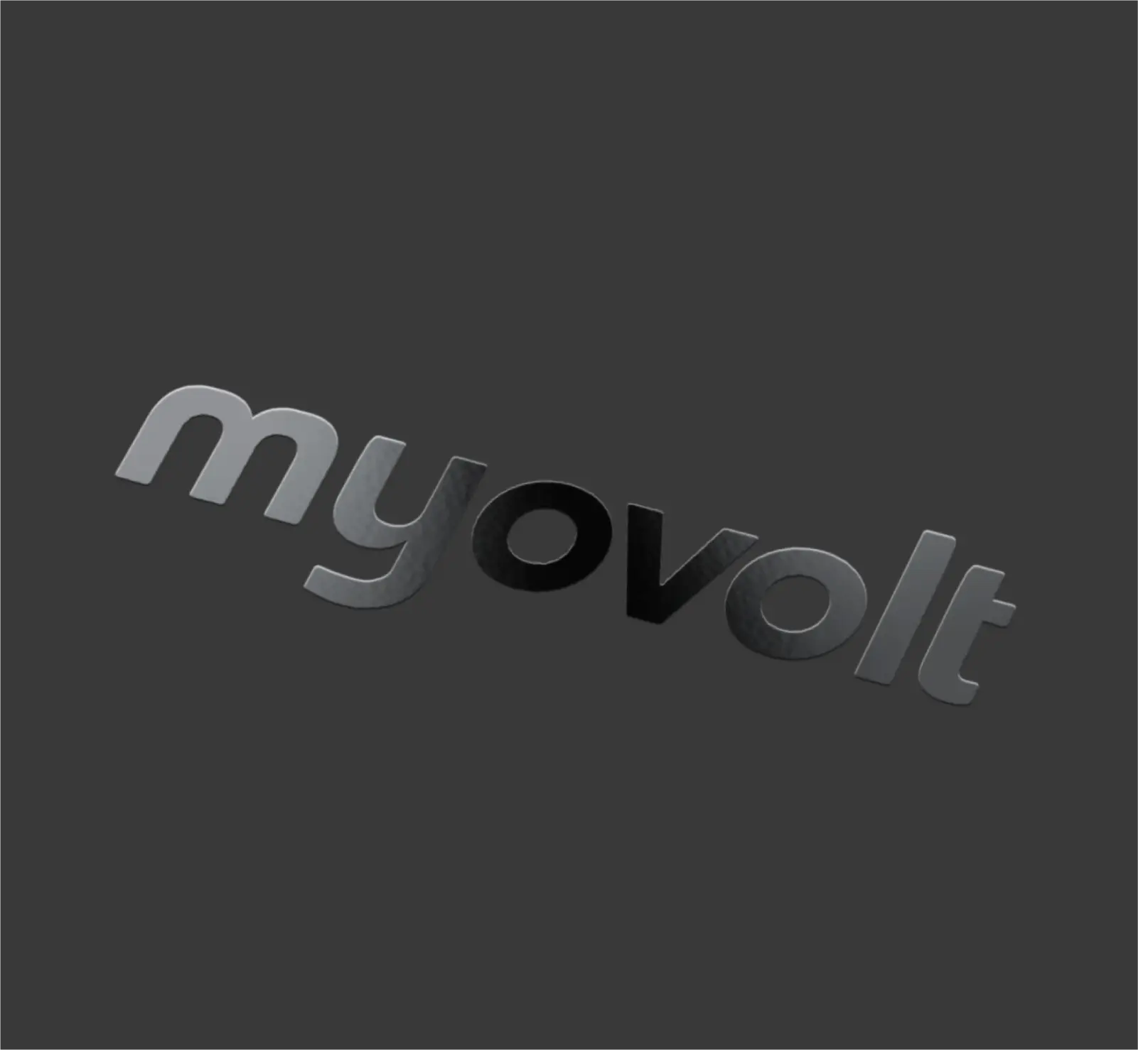 Myovolt refreshed logo printed with spot UV on a dark background for a sleek look.