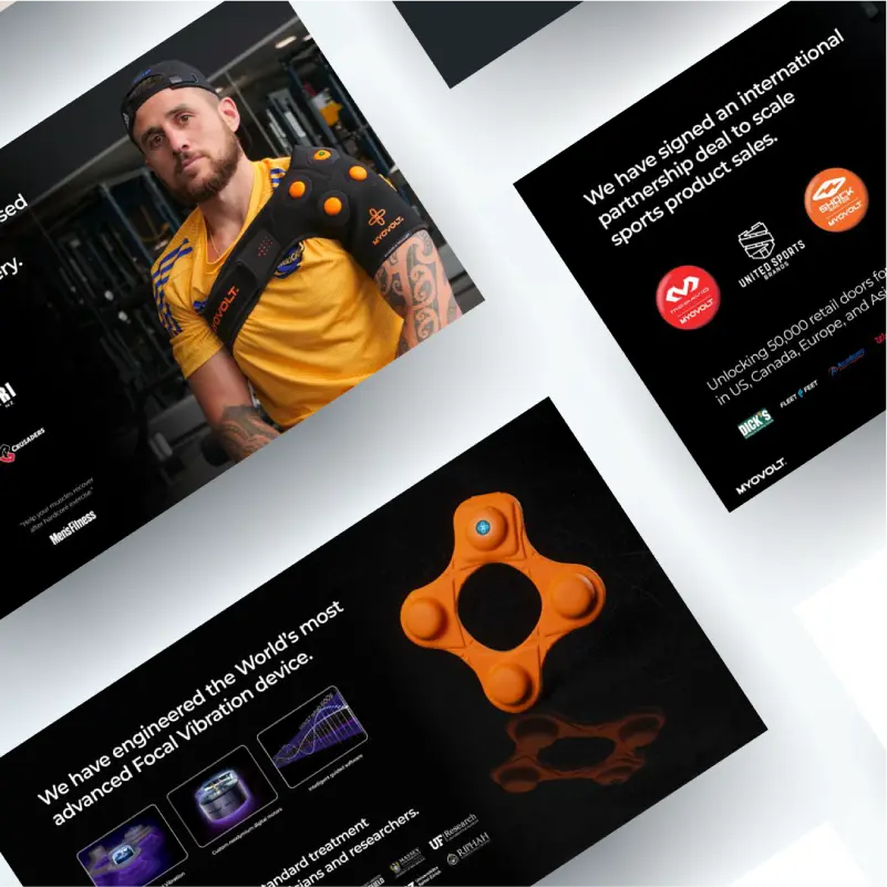 Collage of Myovolt presentation pitch deck slides featuring Hurricanes rugby player TJ Perenara wearing a Myovolt shoulder device, and an orange Myovolt vibration device with details on the technology.