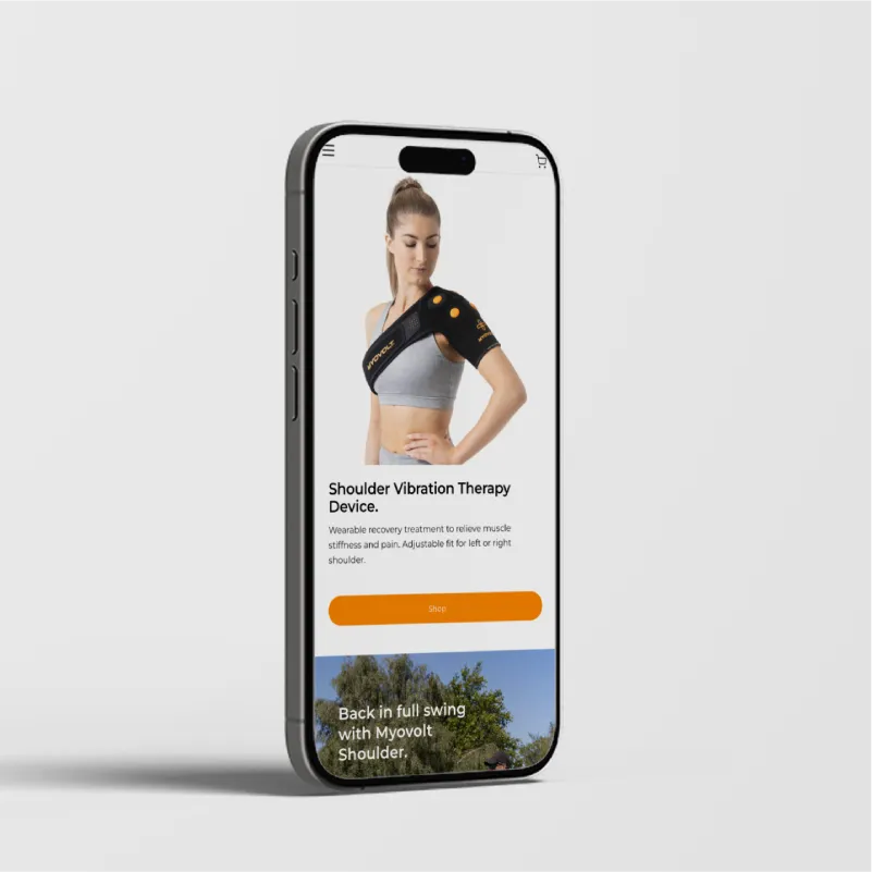 iPhone screen showing Myovolt's responsive website design.