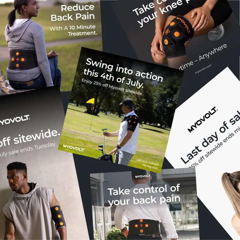 Collage of promotional ads showing people using Myovolt pain relief devices on back, knee, and arm.
