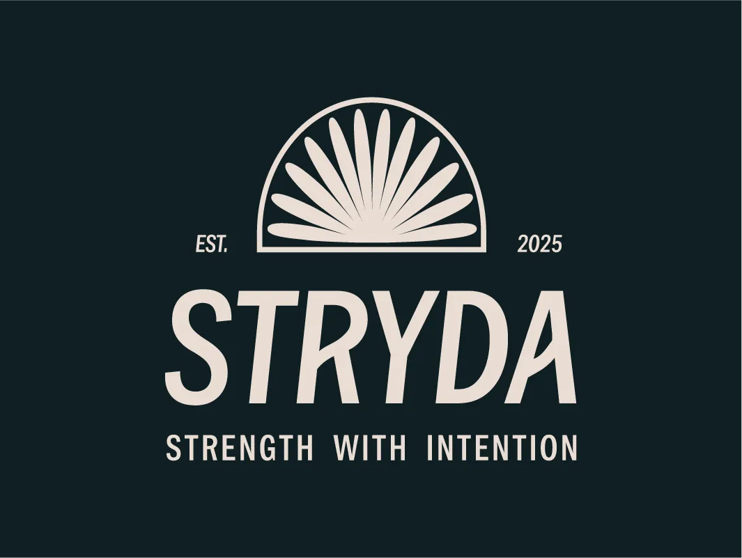 STRYDA alternative logo design with a semi-circle fan icon of a falcons tail, text 'EST. 2025' above and slogan 'Strength with Intention' below.