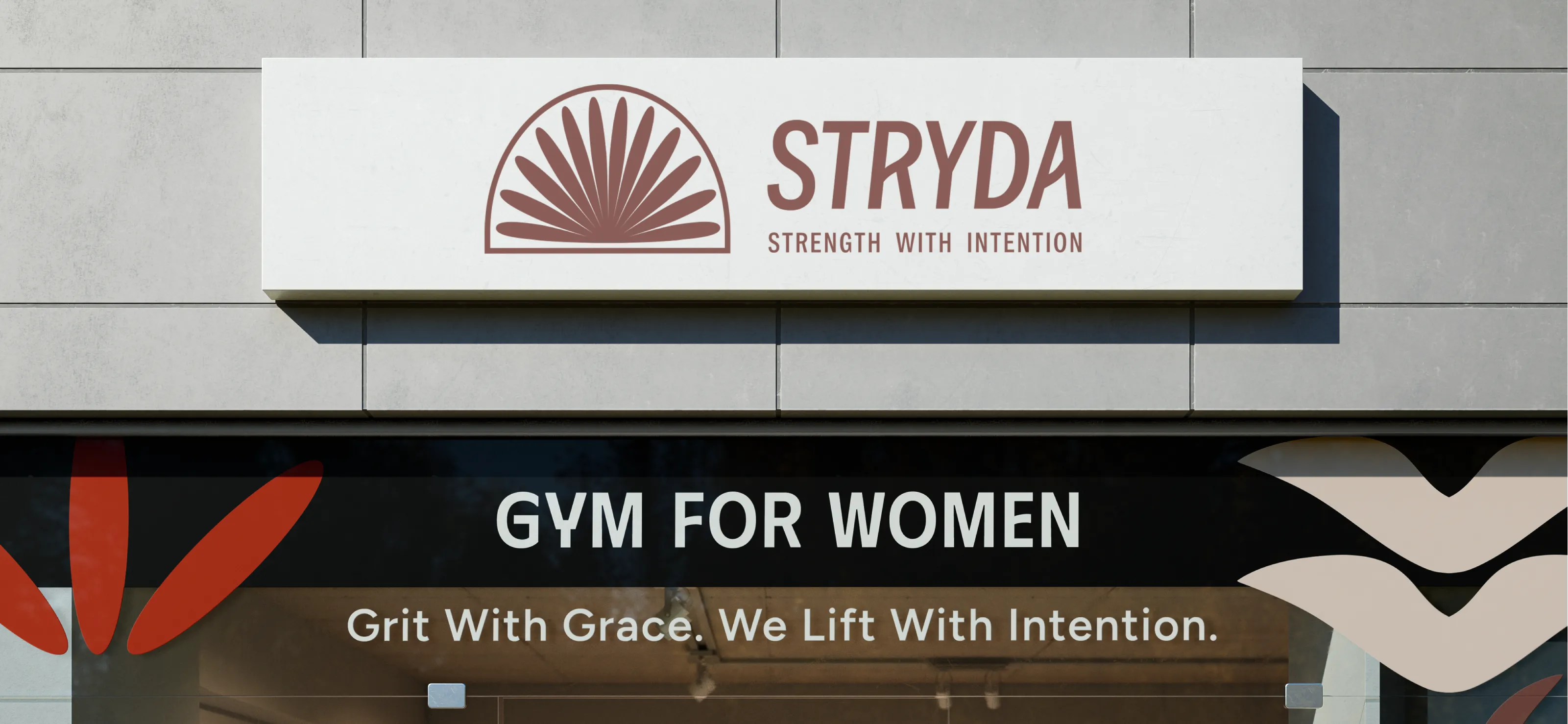 Building facade with STRYDA gym logo and the text 'Gym for Women' and 'Grit With Grace. We Lift With Intention.'
