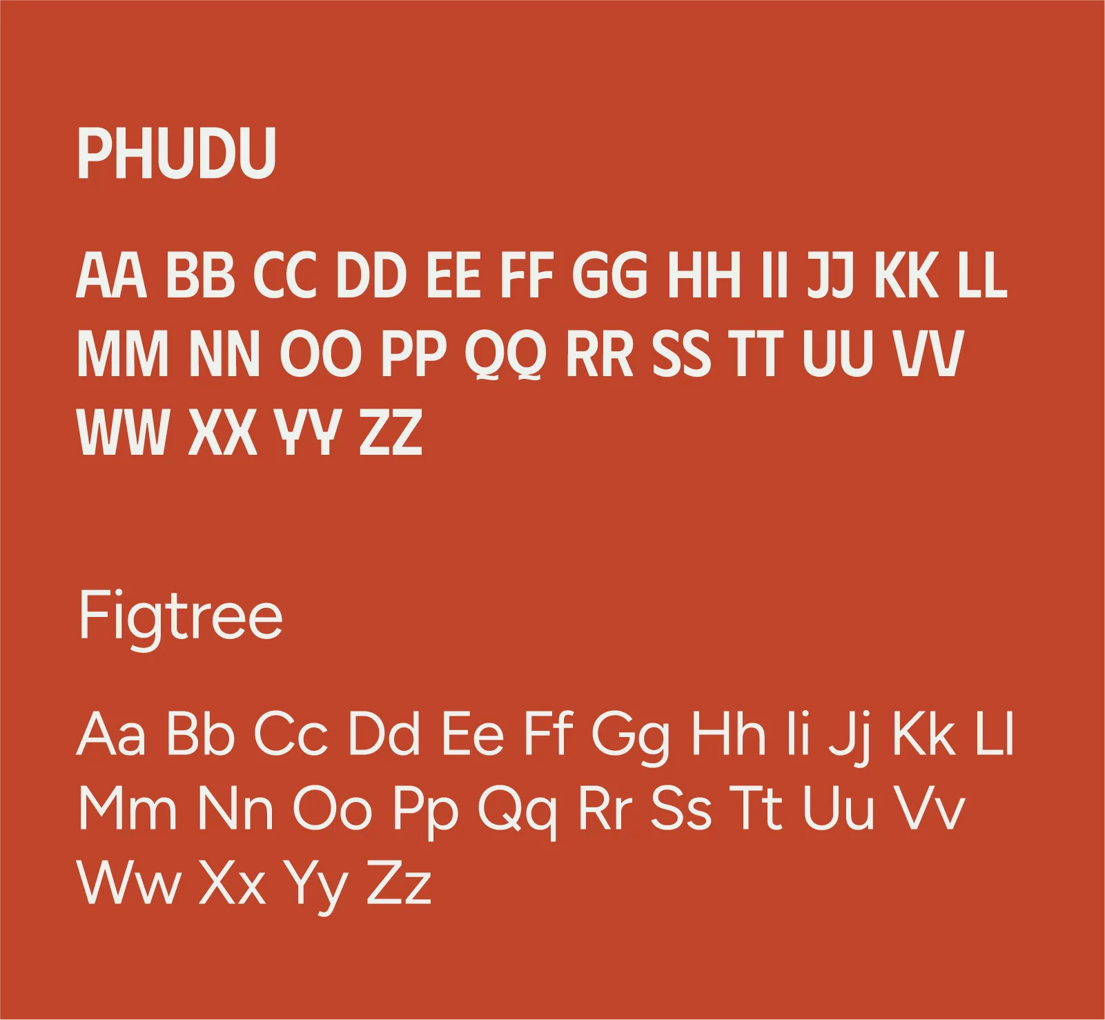 STRYDA brand fonts Phudu and Figtree with the alphabet of each font displayed on a branded red background.