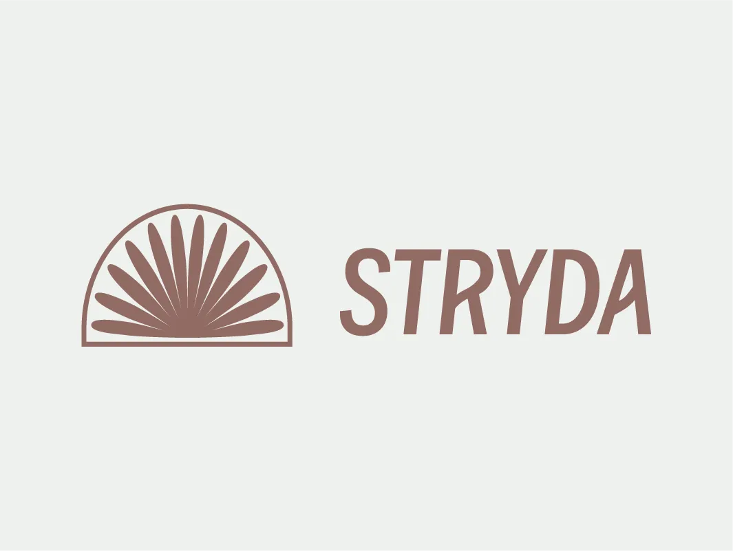 The STRYDA secondary logo with a stylized brown half-circle incasing a falcon tail in a fan design to the left of the brand name.