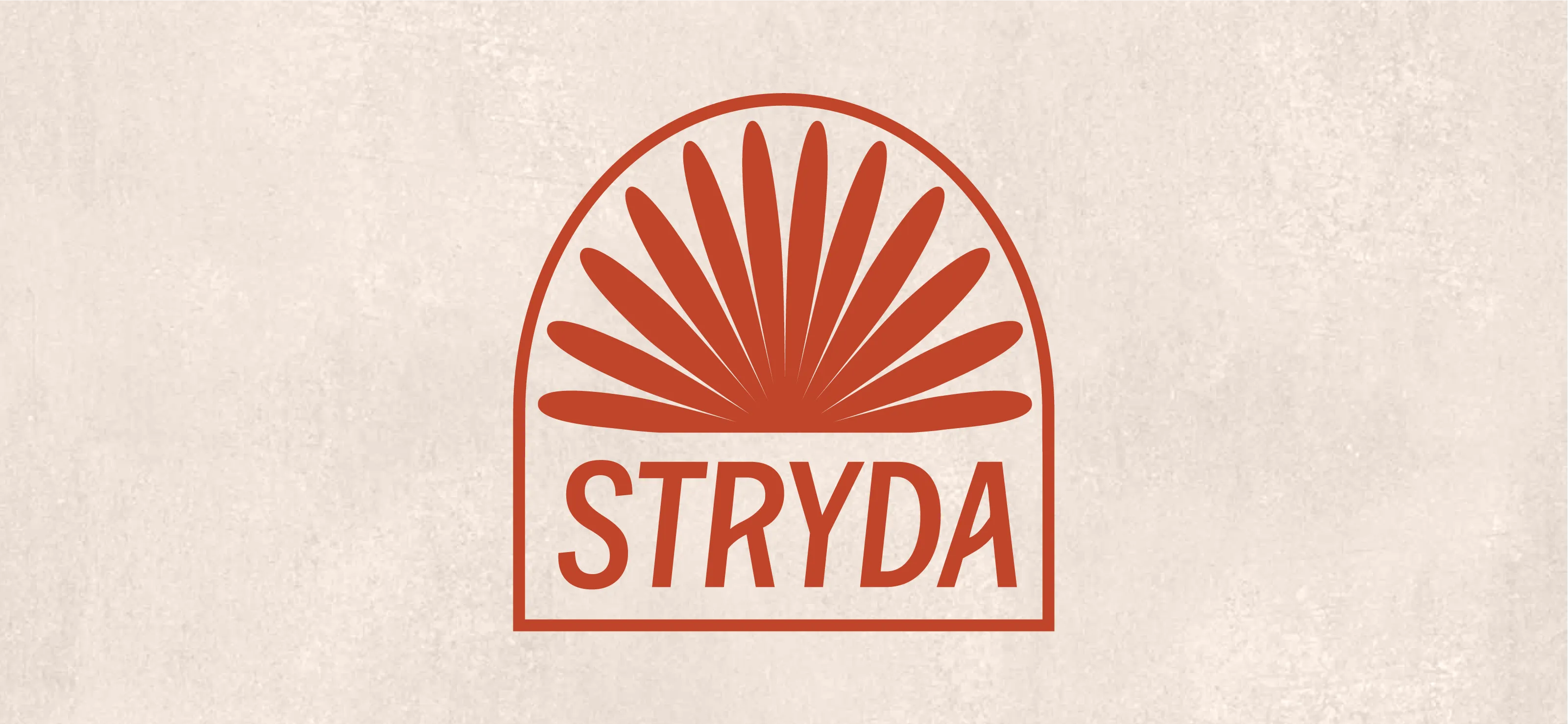 STRYDA primary logo consisting of a red stylized sunburst looking New Zealand Falcon's tail graphic above the word STRYDA enclosed in an arch-shaped border.