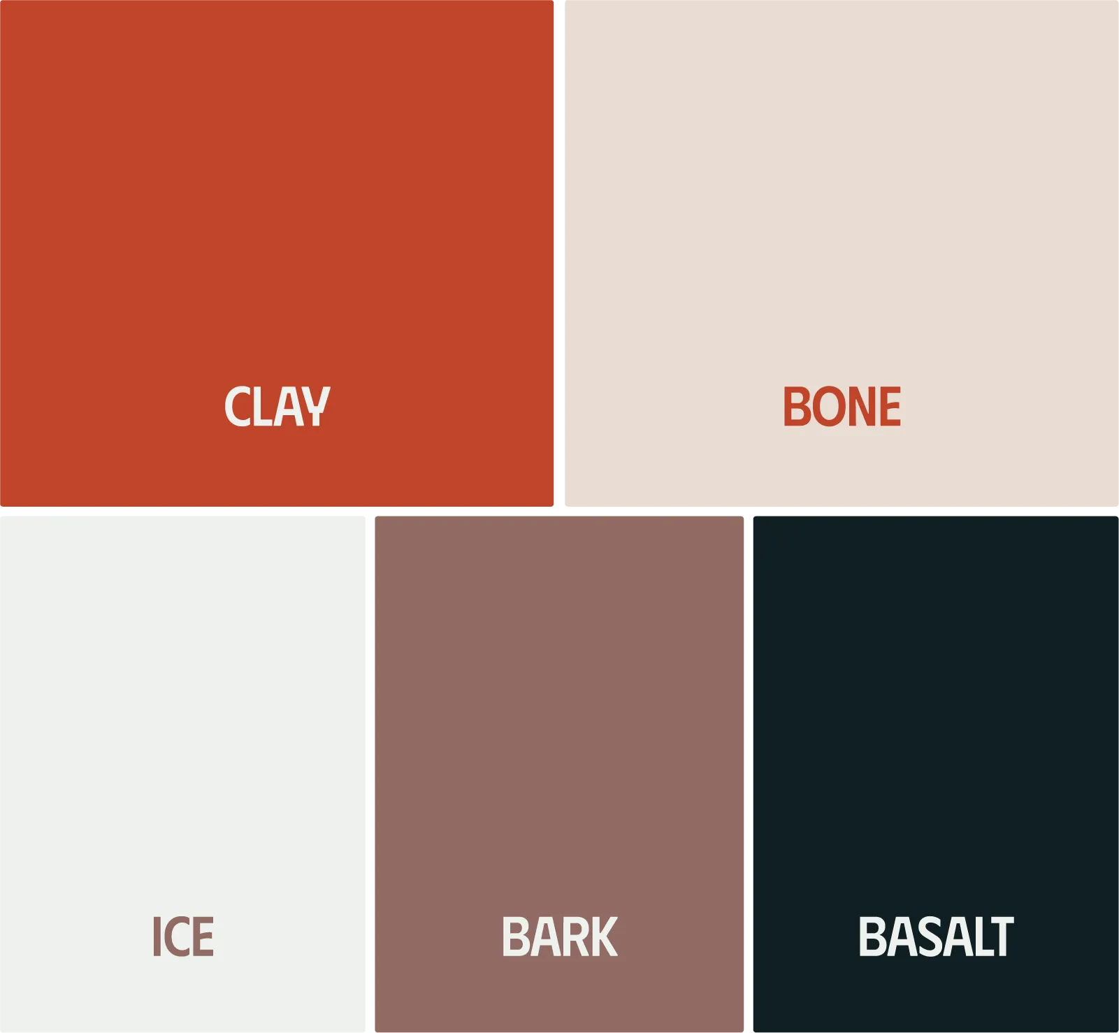 Five color blocks of STRYDA brand colours labeled Clay (red), Bone (beige), Ice (off-white), Bark (brown), and Basalt (dark gray).