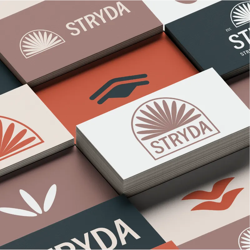 Stack of cards with STRYDA brand name and various abstract icons and STRYDA logos in earthy brand tones.