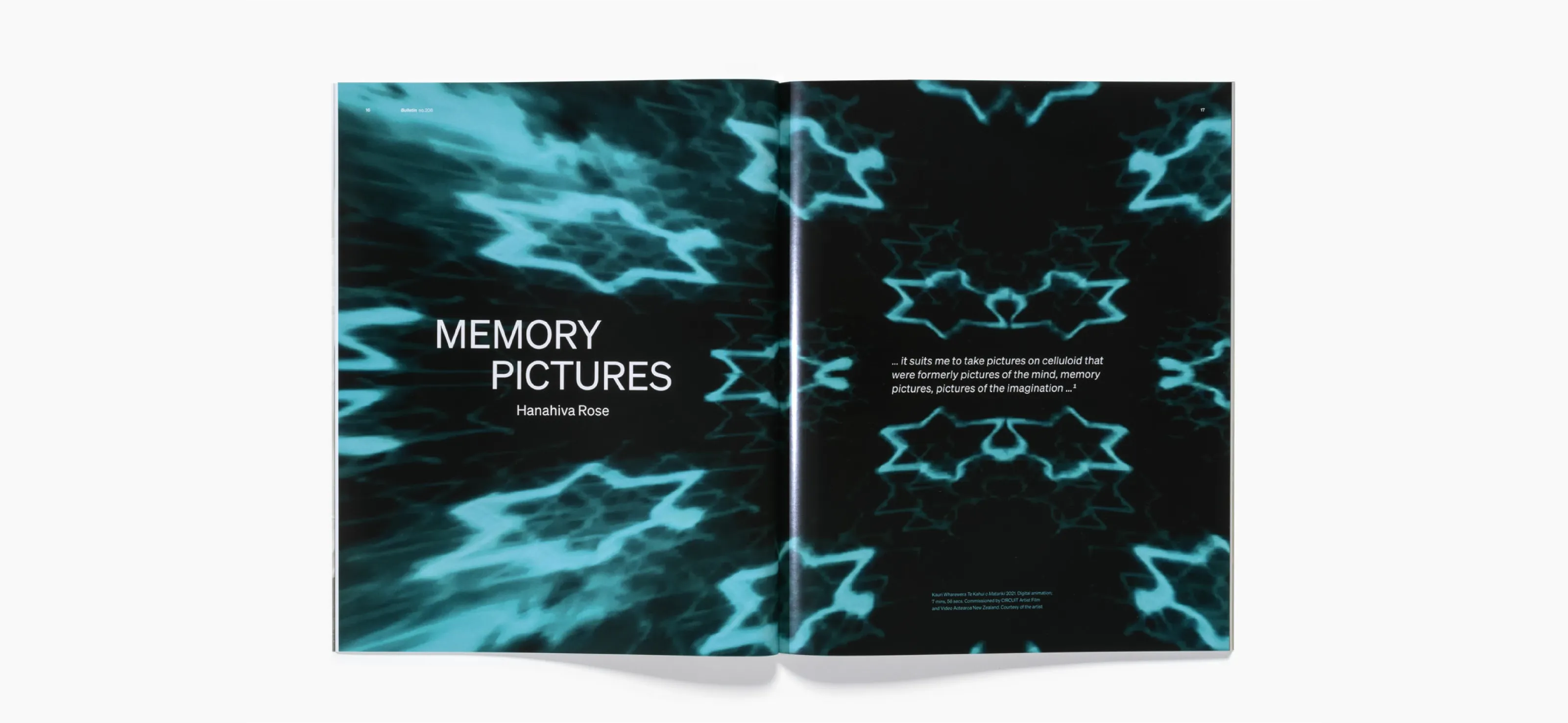 Magazine spread titled 'Memory Pictures' by Hanahiva Rose with blue abstract star-like patterns on black background.