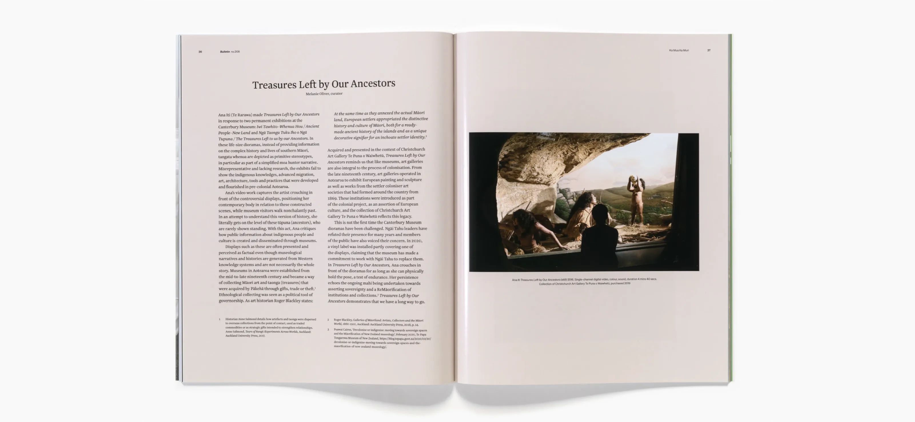 Open magazine spread showing an article titled 'Treasures Left by Our Ancestors' with a photo of a museum diorama depicting early Māori life with figures under a rock overhang.