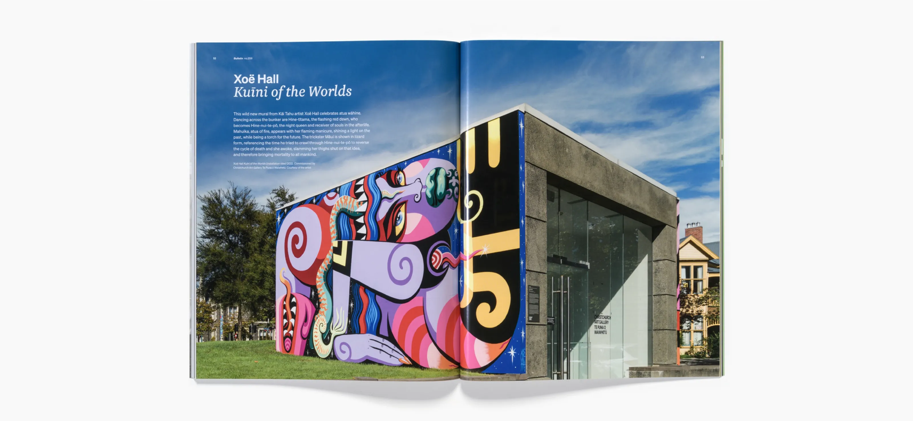 Open book spread showing a colorful mural by Xoë Hall on an outdoor wall and the title in the top corner.