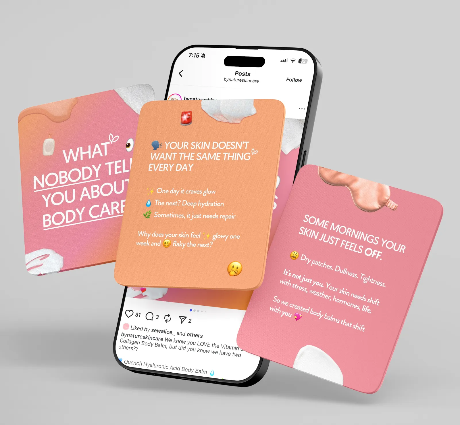 Smartphone displaying an Instagram post by @bynatureskincare with a carousel of body care and why it's important.