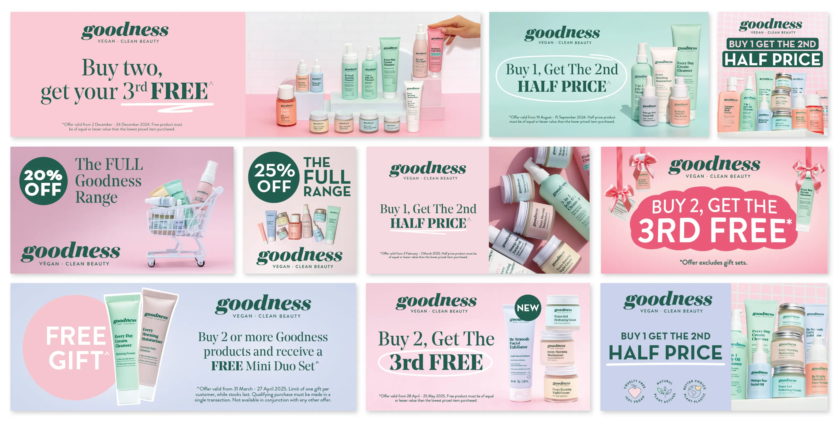 Collage of Goodness vegan clean beauty product promotions offering discounts, free gifts, and buy one get one half price deals displayed with various skincare products on pastel backgrounds.