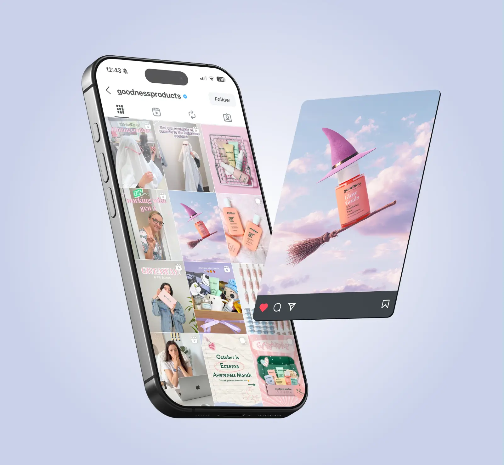 Smartphone screen showing the aesthetic Instagram feed of goodnessproducts with a post of an AHA tonic bottle wearing a purple witch hat flying on a broomstick in a cloudy sky.