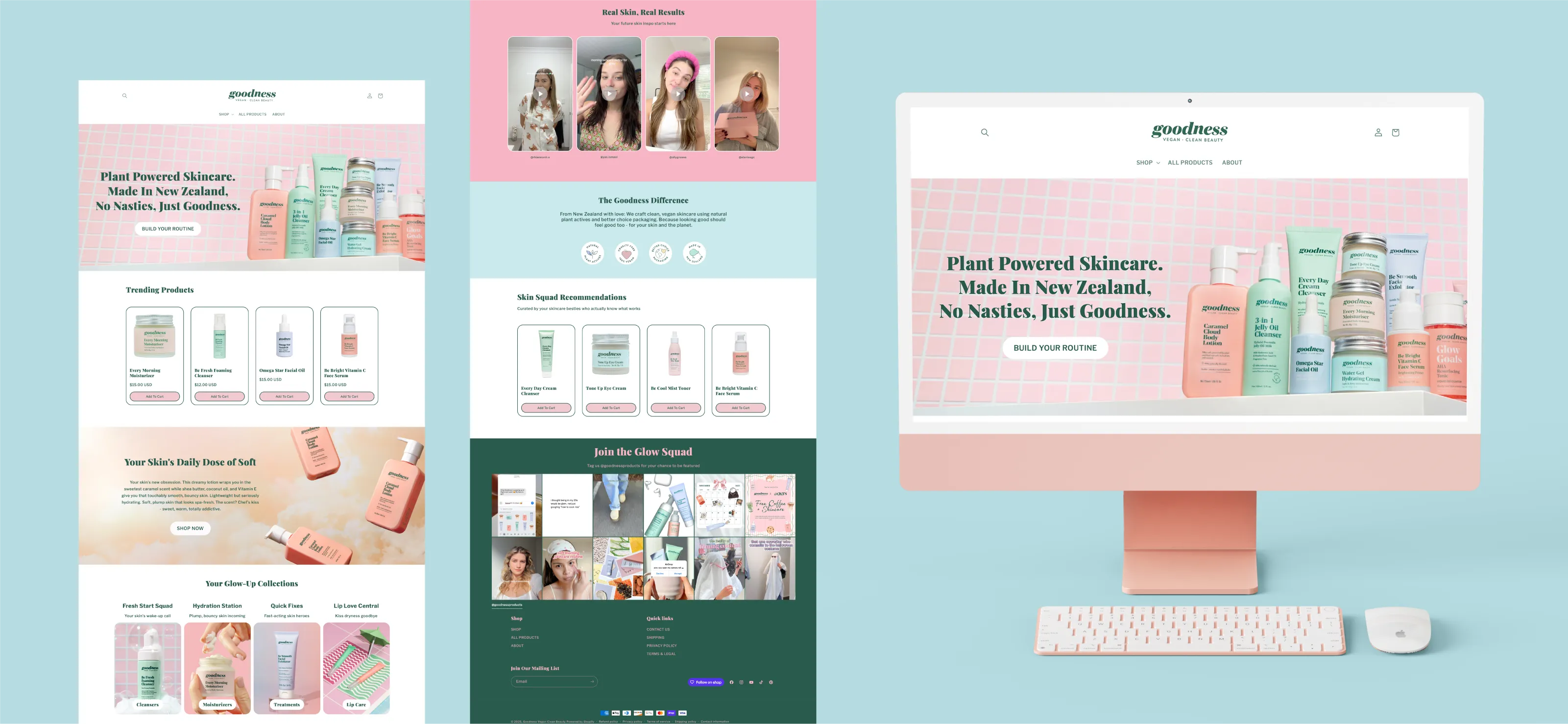 Ecommerce website design for Goodness vegan skincare featuring product images, trending and recommended items, customer videos, and a desktop display with pastel-themed skincare products.