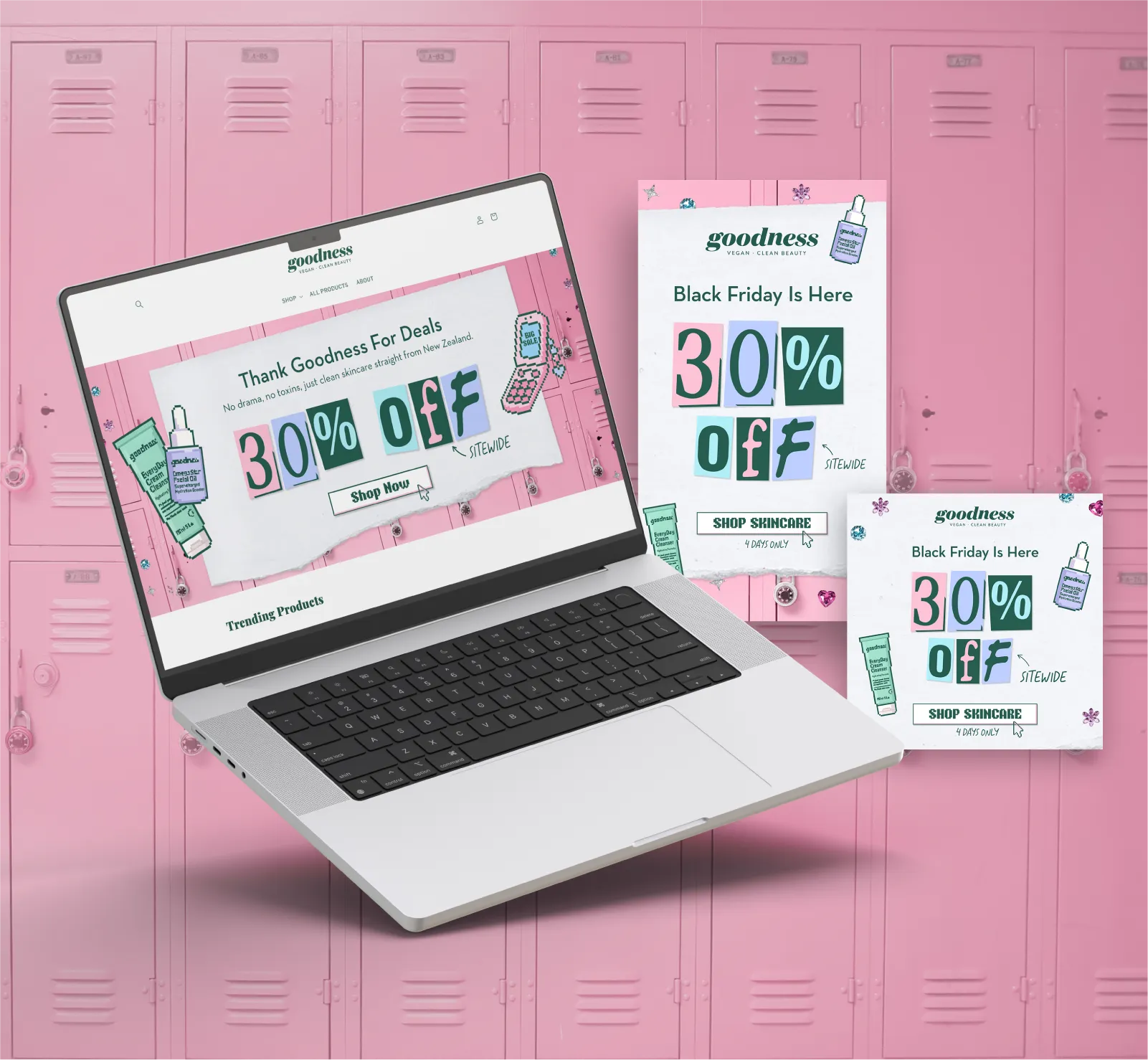 Laptop displaying a Goodness skincare website with a 30% off Black Friday sale offer design in an early 2000s style, alongside two promotional graphics of the same offer in portrait and square on a pink locker background.