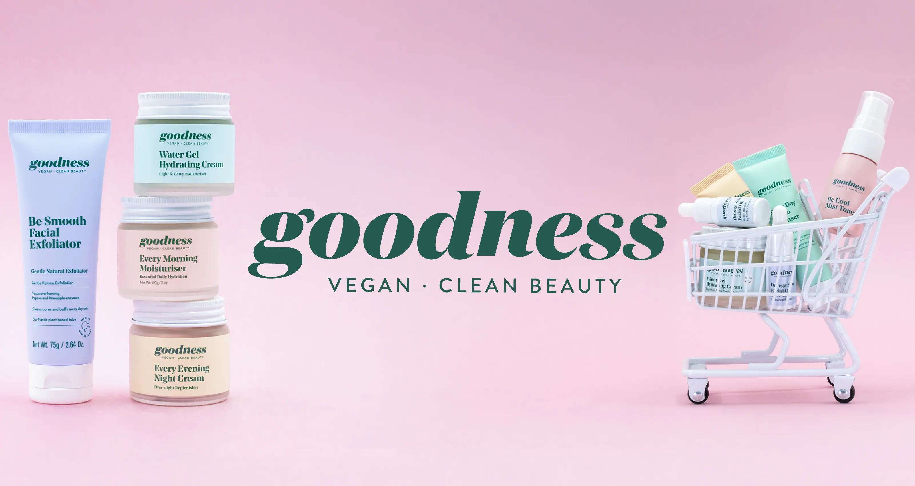 Goodness skincare products including Be Smooth Facial Exfoliator, Water Gel Hydrating Cream, Every Morning Moisturiser, Every Evening Night Cream, and others in a white shopping cart on a pink background with the Goodness logo and tagline Vegan Clean Beauty.