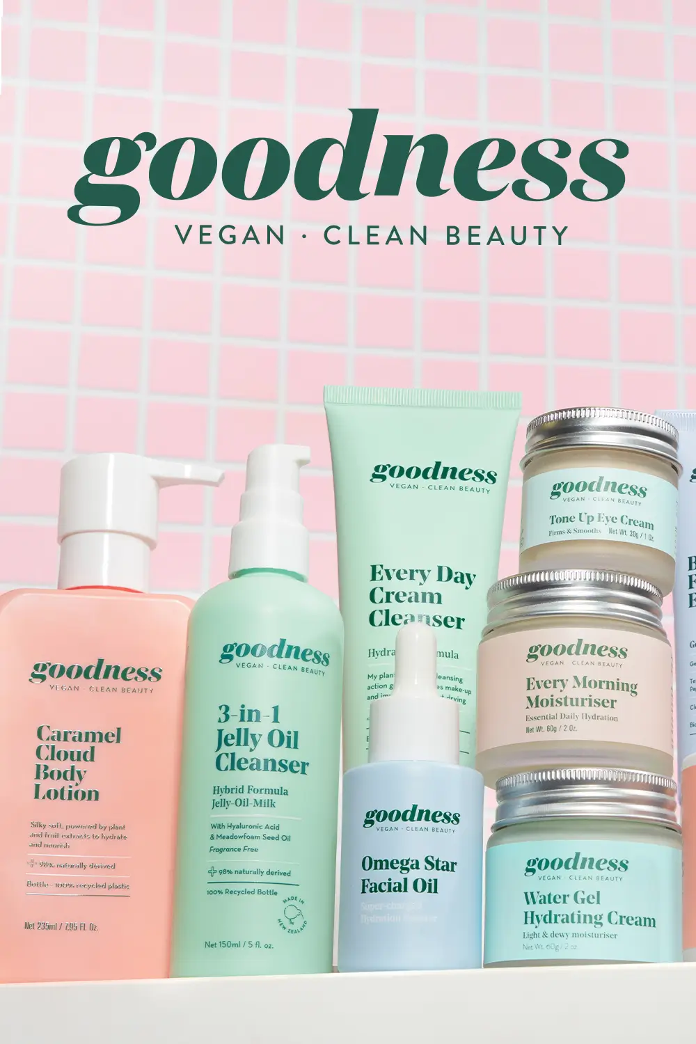 Goodness Products logo with various Goodness skincare products including lotion, cleansers, facial oil, eye cream, and moisturizers grouped together and displayed against a pink tiled background.
