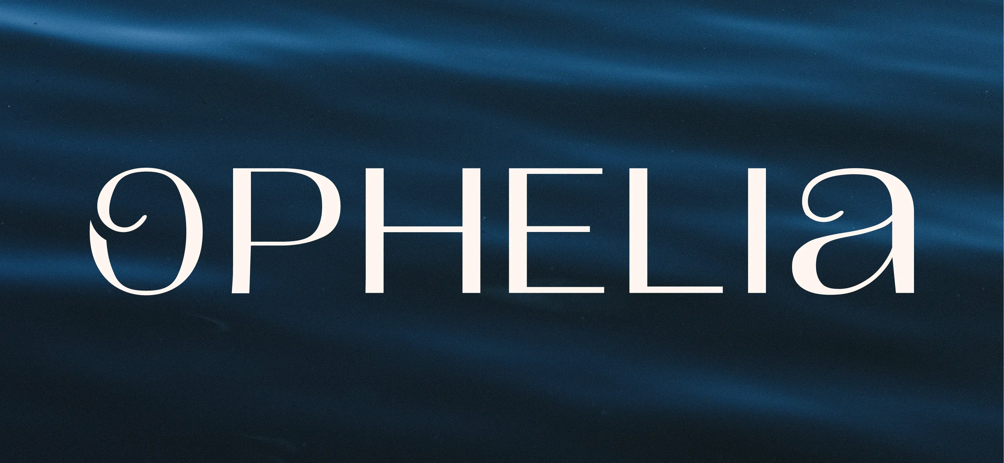 High-end logo design for Ophelia luxury jewelry, featuring a white serif wordmark centered over a background of dark, rippling liquid to symbolize flowing movement.