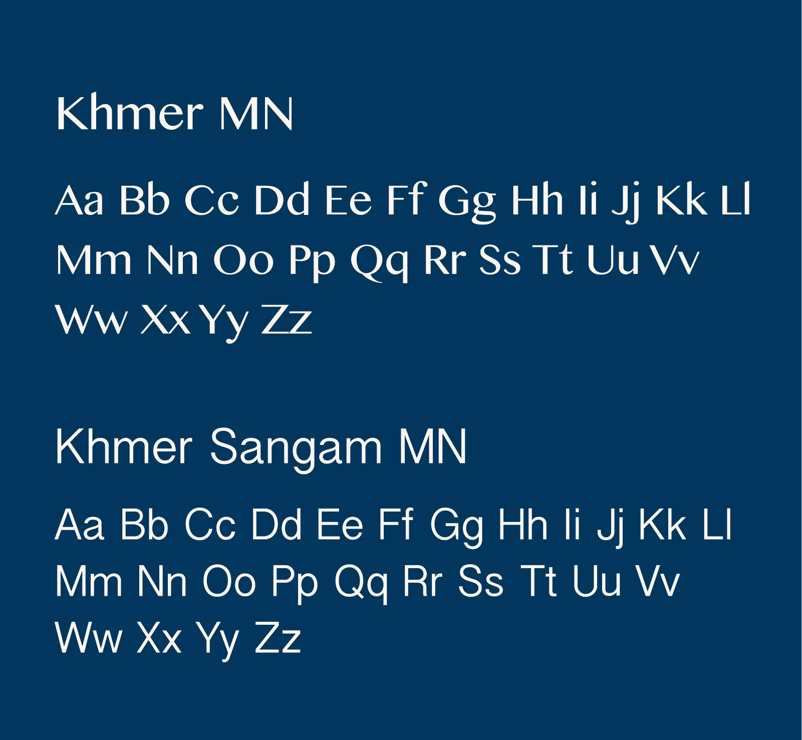 Brand typography selection for Ophelia jewellery design, showcasing the Khmer MN serif and Khmer Sangam MN sans-serif fonts on a navy background.
