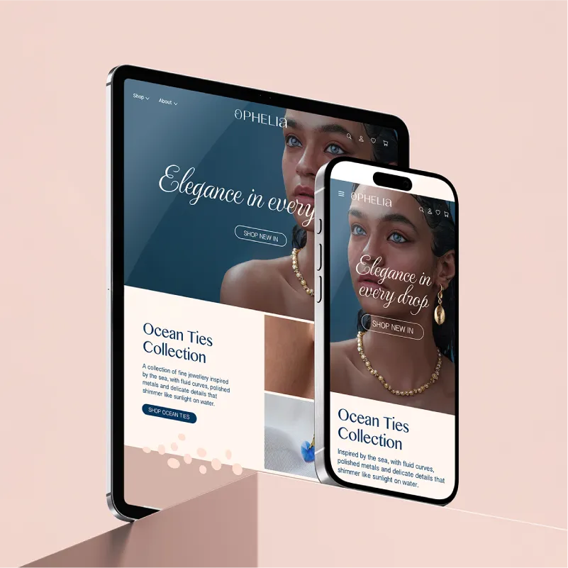 Custom website design for Ophelia luxury jewelry store, showing a mobile-responsive e-commerce layout on a tablet and phone featuring the Ocean Ties Collection and editorial brand photography.