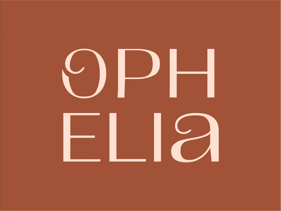 Secondary stacked logo design for Ophelia jewelry, presented in a peach and terracotta color palette to showcase brand identity versatility and modern elegance.