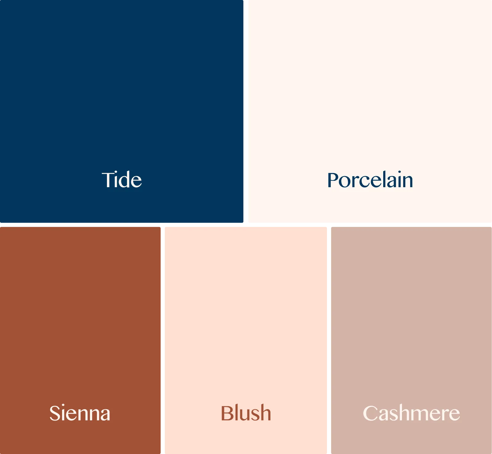 Brand colour palette for Ophelia luxury jewellery, featuring Tide (navy), Porcelain (cream), Sienna (terracotta), Blush (peach), and Cashmere (mauve).