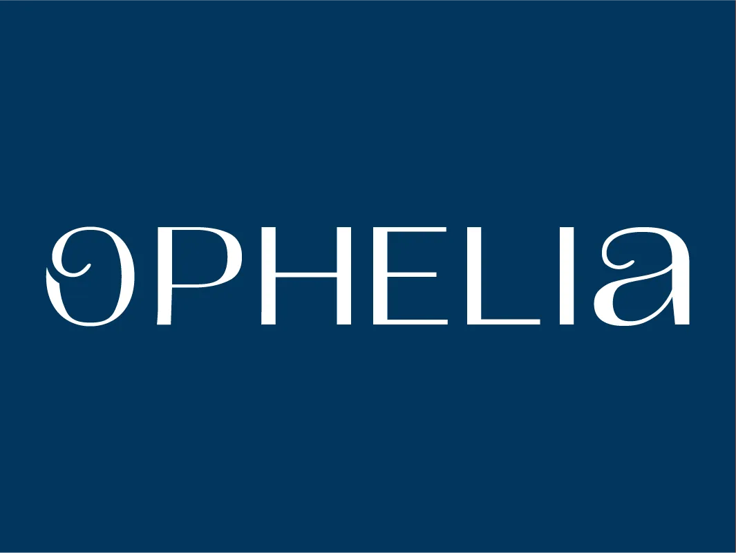 Primary logo design for Ophelia luxury jewelry, featuring a minimalist white wordmark with custom fluid typography on a solid deep navy background.