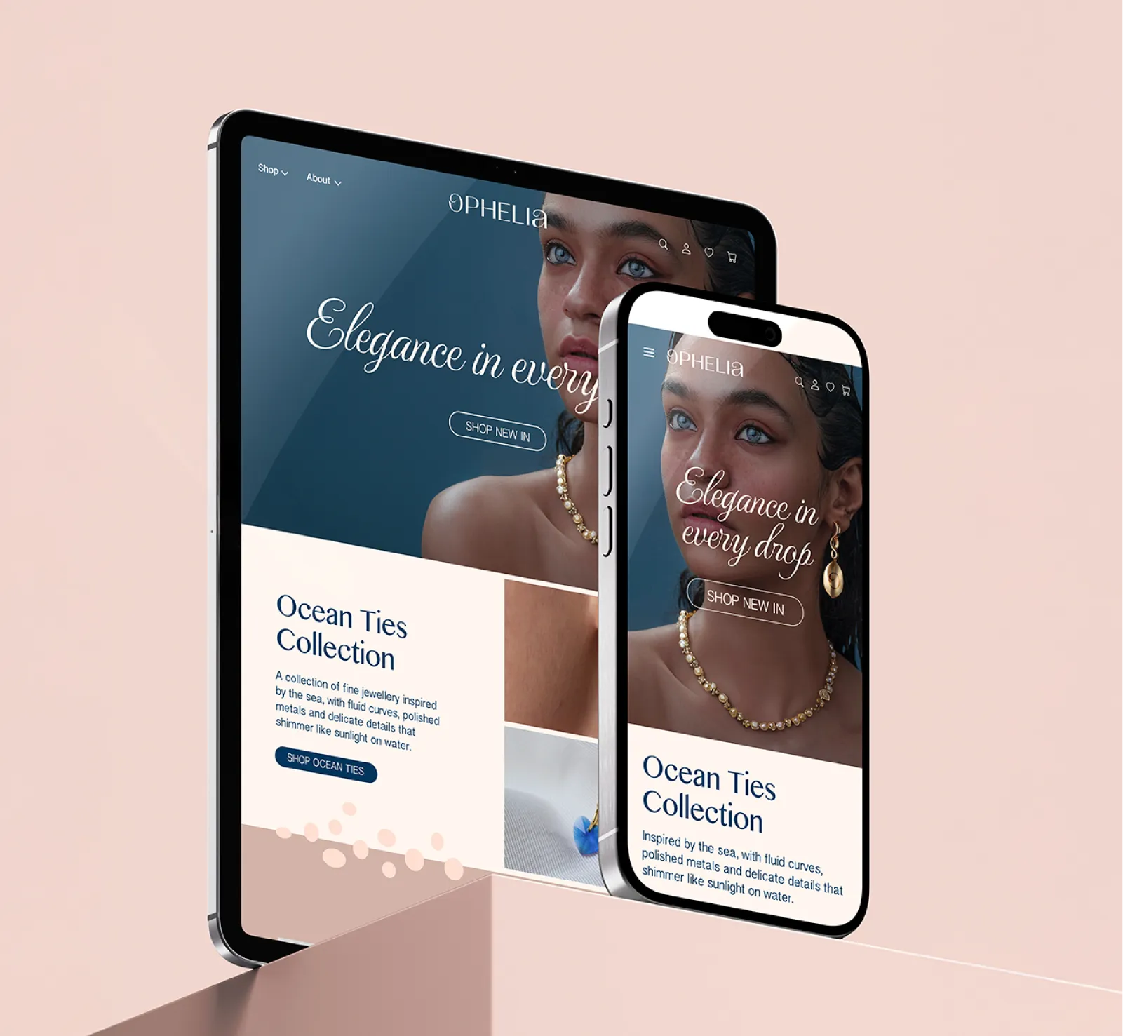 Custom website design for Ophelia luxury jewelry store, showing a mobile-responsive e-commerce layout on a tablet and phone featuring the Ocean Ties Collection and editorial brand photography.